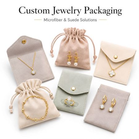 Aangepaste microvezel en suede sieraden verpakkingszakken, trekkoordtassen en knoopenveloppen voor detailhandel en groothandel.