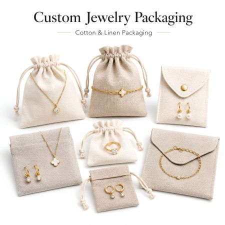 Milieuvriendelijke katoen en linnen aangepaste sieraden verpakkingszakken, trekkoordtassen en envelopcases voor B2B-groothandel.