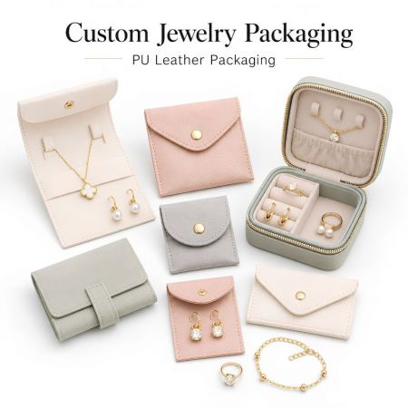 Premium PU-leer aangepaste sieradenverpakking met reiskoffers met rits, snapzakken en display-enveloppen voor OEM.