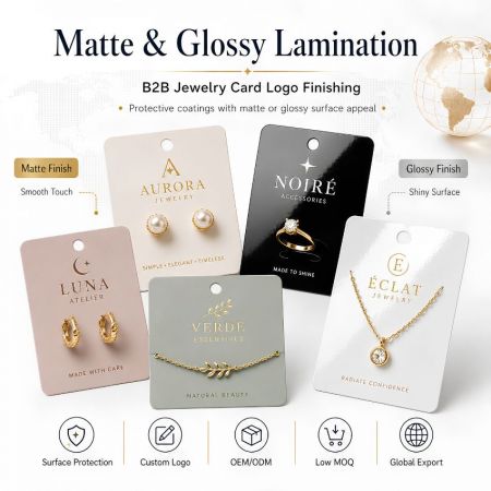 Aangepaste sieraden displaykaarten met matte en glanzende laminering logo afwerkingen voor groothandel B2B merkverpakkingslevering.