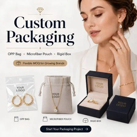 Maatwerk verpakking - Maatwerk verpakkingsopties voor sieraden, waaronder OPP-zak, microvezel pouch en stevige doos met logo voor B2B merkmarketing.