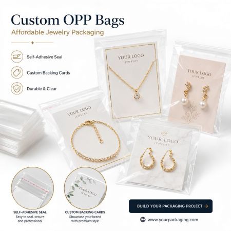 Custom OPP bags with self-adhesive seal and branded backing cards for affordable wholesale jewelry packaging.
