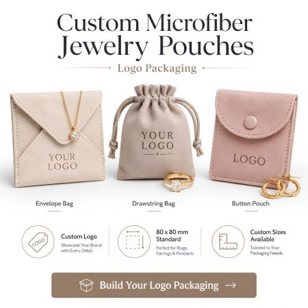 Custom microfiber jewelry pouches in envelope, drawstring, and button styles with printed logo for retail brands.