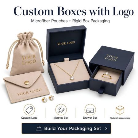 Custom rigid jewelry boxes with logo featuring magnetic flip top, drawer design, and matching microfiber pouches.