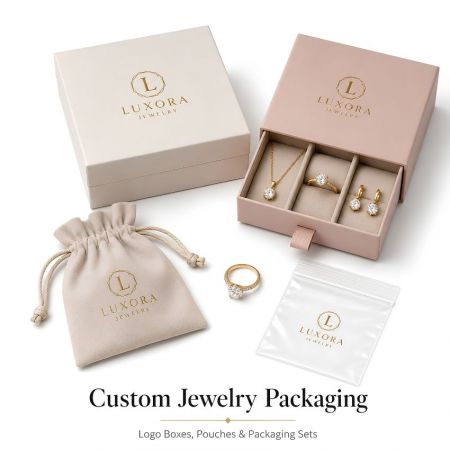 Custom Jewelry Packaging - Custom jewelry packaging catalog including OPP bags, microfiber pouches, and rigid boxes with gold foil logos.