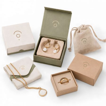 Eco-friendly jewelry packaging options with Kraft boxes, linen pouches, and recycled paper inserts for rings and earrings.