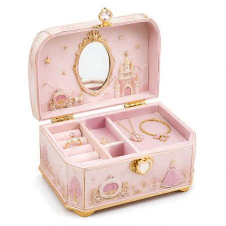 Princess-themed pink musical jewelry box for kids featuring a castle design, vanity mirror, and built-in ring rolls.