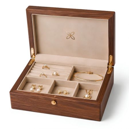Luxury wooden jewelry display case with gold hardware, velvet lining, and dedicated compartments for rings and bracelets.
