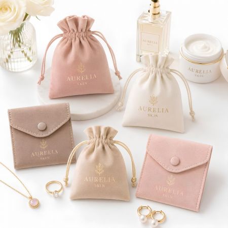 Maßgeschneiderte Samt-Zugbeutel und Druckknopf-Taschen mit goldenen Folienlogos für die Verpackung von Luxus-Hautpflege- und Schmuckmarken.