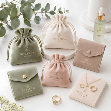 Umweltfreundliche Samtbeutel und Umschläge mit individuellem Logodruck für nachhaltige Kosmetik- und Schmuckverpackungen.