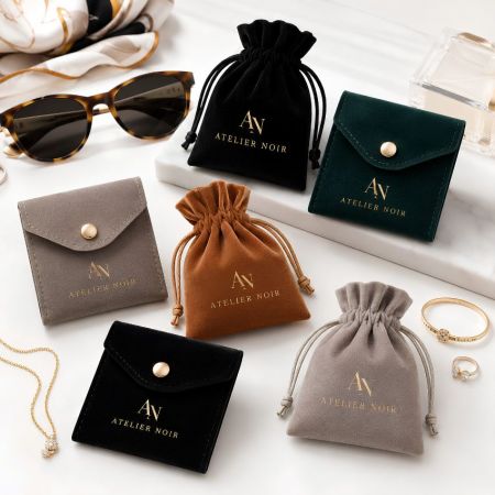 Luxuriöse Samt-Zugbeutel und Druckknopf-Taschen mit goldenen Heißpräge-Logos für die Verpackung von hochwertigen Modeaccessoires.