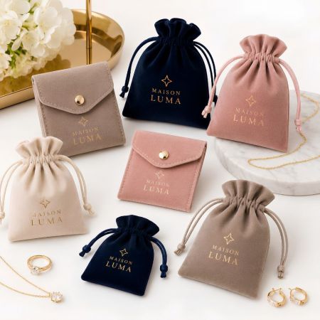 Elegante Samt-Schmuckbeutel und Druckknopf-Umschläge mit individuellen goldenen Logos für die Verpackung von gehobenen Geschenken und Boutique-Waren.