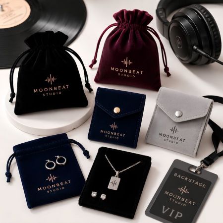 Maßgeschneiderte Samtbeutel und Metall-Druckknopf-Taschen mit goldenen Logos für hochwertige Werbeartikel und VIP-Verpackungen bei Veranstaltungen.