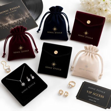 Hochwertige Samt-Zugbeutel und Druckknopf-Taschen mit individuellen goldenen Folienlogos für die Verpackung von exklusiven Konzert-VIP-Artikeln.