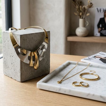 Modern mixed-metal geometric necklace and gold jewelry displayed on a concrete block and marble tray.