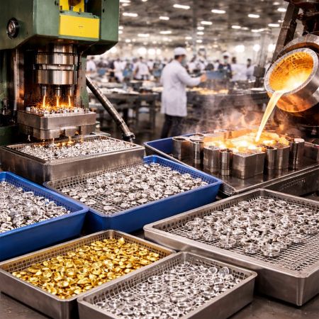 Installation de fabrication B2B à grande échelle pour la production de composants métalliques de précision en grande quantité par moulage métallique industriel.