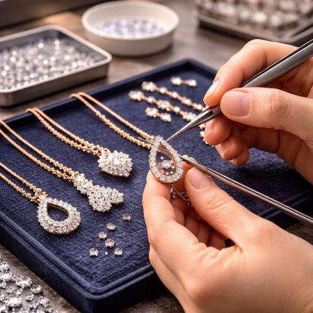 Processus complexe de fabrication de bijoux haut de gamme faits à la main. Artisan maître utilise des outils de précision pour le sertissage délicat de pierres précieuses.