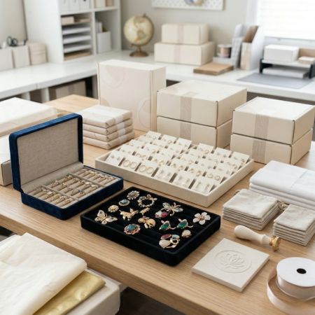 Bijoux B2B faits à la main exposés dans un studio professionnel avec un emballage de marque élégant, mettant en valeur des pièces de haute qualité pour les détaillants.