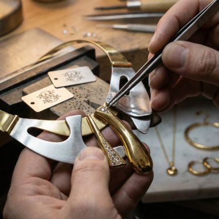 Jewelry artisan using tweezers to meticulously set small diamonds on a custom two-tone gold and silver necklace.