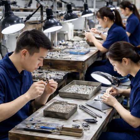 Ervaren juwelierstechnici assembleren armbanden en kettingen in een grote productielijn.