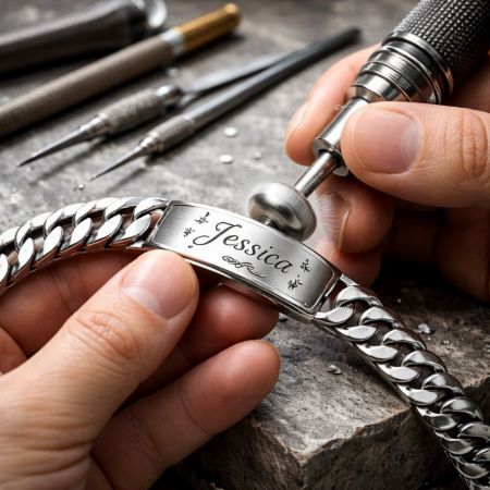 Vakkundige operator gebruikt een roterend gereedschap om een gepersonaliseerde zilveren kettingarmband te polijsten en te graveren.