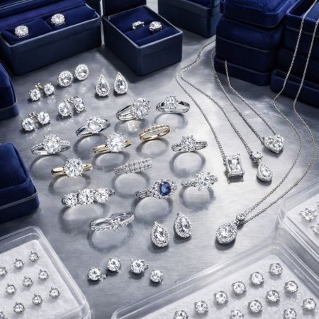 Groot assortiment van diamanten en gekleurde edelstenen sieraden in fluwelen dozen voor groothandel.