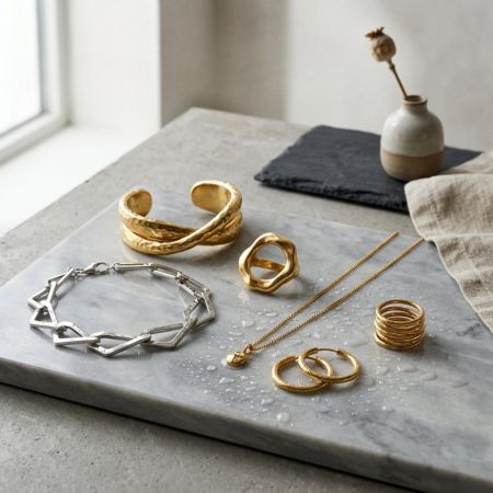 Wholesale gold and silver jewelry, including textured bangles, a geometric bracelet, and rings, on a marble tray