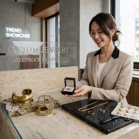 B2B jewelry showroom manager showcasing custom PVD coated waterproof gold bangles and rings to a client.