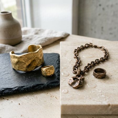 Artisanal brass jewelry, featuring hand-hammered texture on a large cuff, ring, and a heavy chain necklace.