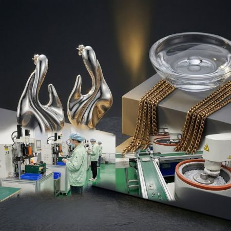 B2B collage of advanced CNC jewelry machinery, a clean factory line, PVD coating tank, and polished silver earrings.