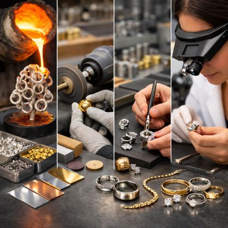 Multi-step jewelry production process: casting, polishing, and setting.