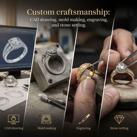 Custom jewelry craftsmanship stages from CAD design to final stone setting.