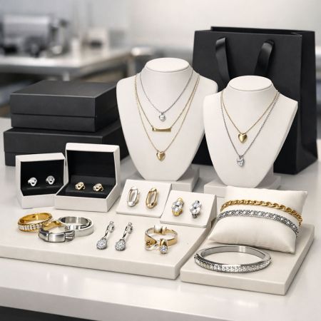 Commercial display of assorted gold and silver rings, necklaces, and earrings.