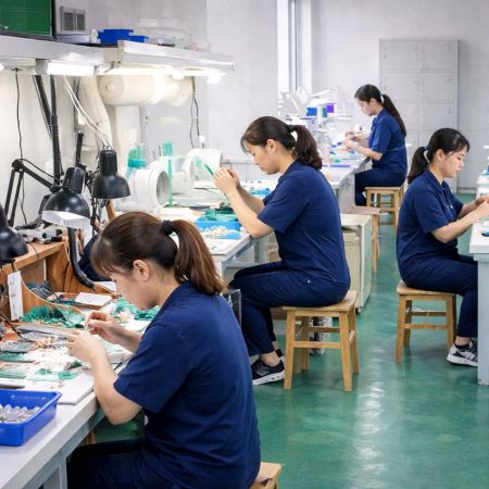 Female model wearing finished diamond and gold jewelry in a professional workshop setting with metal materials and equipment.