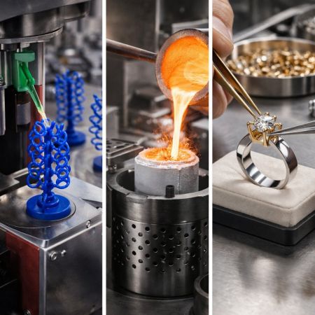Step-by-step jewelry manufacturing: 3D wax printing, gold casting, and precision diamond setting.