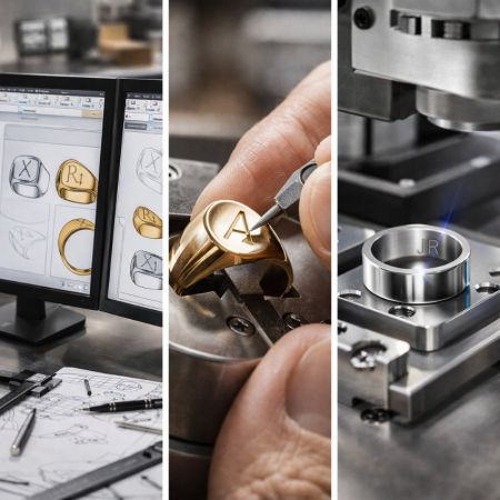 Custom jewelry: CAD design, hand engraving on a gold signet ring, and precision machine engraving on silver.