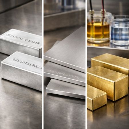 Selection of raw materials for jewelry making: engraved sterling silver, stainless steel, and gold metal bars.