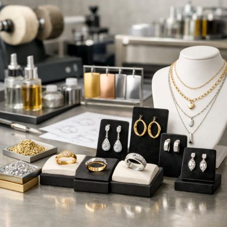 Professional jewelry studio: finished diamond earrings and gold necklaces on display, metal samples, and raw material dishes.