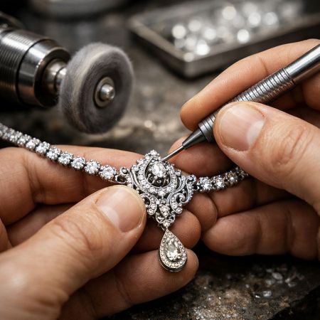 Jewelry workshop: finished gold and diamond jewelry, metal finish samples, design blueprints, and raw metal materials.