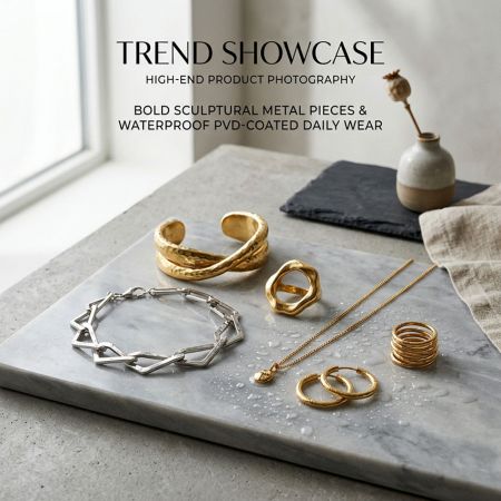High-end product photography showcasing bold sculptural metal jewelry with waterproof PVD-coated daily wear properties.