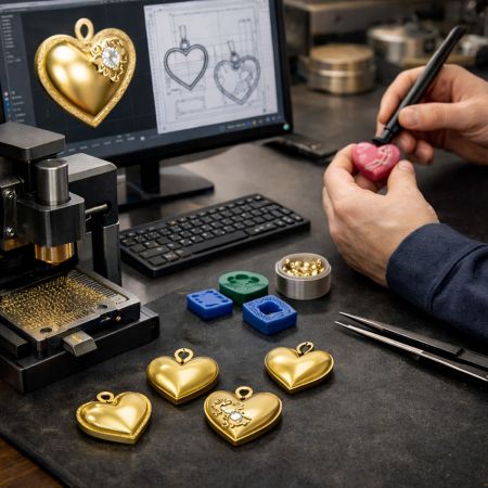Close-up of a custom jewelry design process, from CNC milling to hand-setting stones for unique pieces.