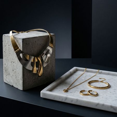 Minimalist jewelry photography featuring a sculptural necklace and delicate bracelets on contrasting concrete and marble.