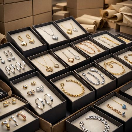 Display of assorted custom jewelry pieces in branded packaging, highlighting flexible low MOQ options for startups.