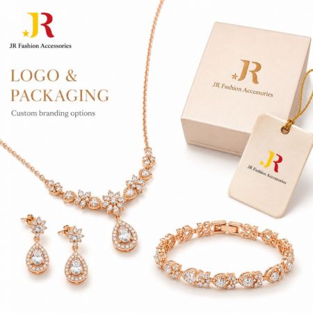 Custom jewelry branding options including logo packaging and tags for wholesale rose gold crystal necklace sets.
