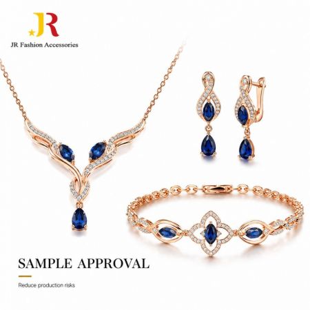 Custom jewelry sample approval to reduce production risks. Wholesale rose gold necklace set with blue stones.