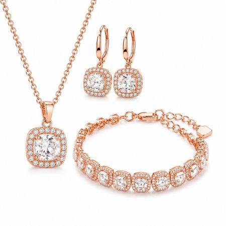 B2B wholesale rose gold plated jewelry set featuring cushion cut cubic zirconia necklace, earrings, and bracelet.