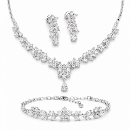B2B custom silver floral cubic zirconia jewelry set featuring elegant bridal necklace, earrings, and bracelet.