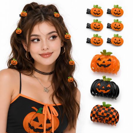 Wholesale Halloween pumpkin hair clips and acetate claw clips, private label hair accessories supplier catalog.
