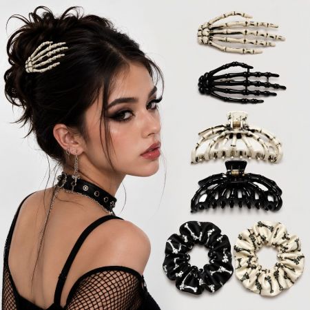 Gothic skeleton hand hair clips, bone claw clips, and pattern scrunchies from a B2B bulk Halloween accessory vendor.