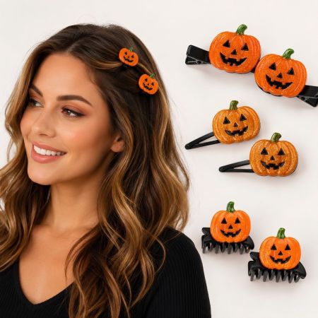 Glitter jack-o-lantern pumpkin hair clips and small claw clips, wholesale festive hair jewelry factory supply.